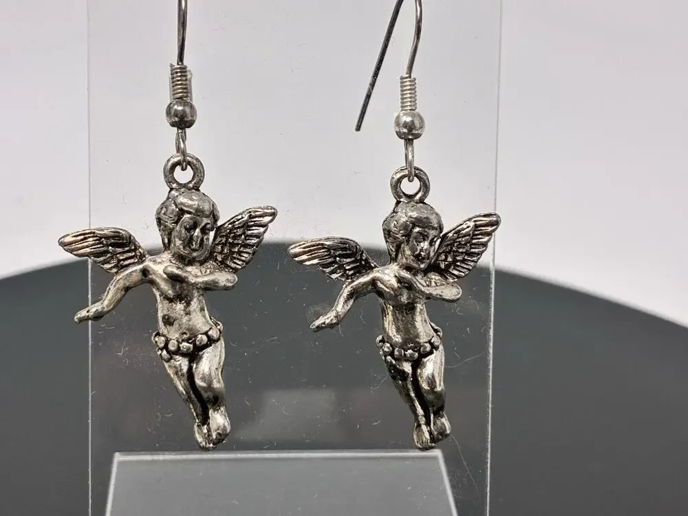 Vintage Angel Cherub Earrings ©BR – Silver-Tone Dangle Hook Jewelry Artisan
